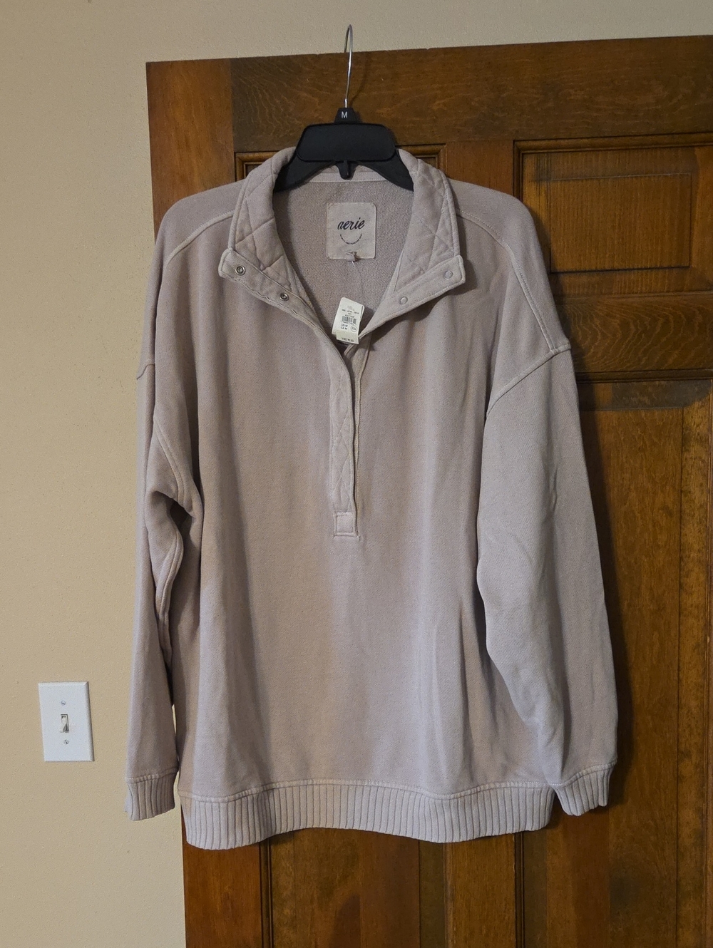 Aerie Quarter-Zip Pullover Sweater in Light Taupe-oversized